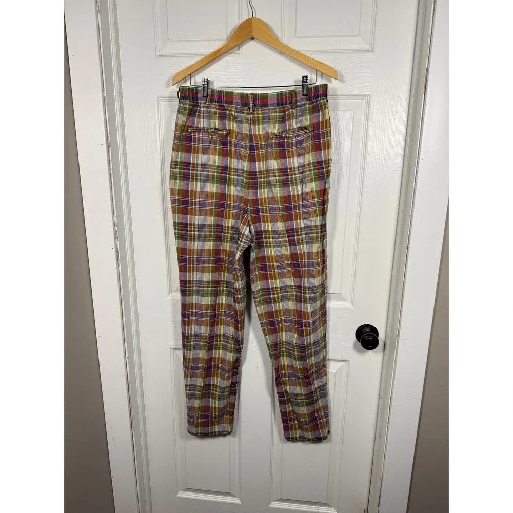 Vintage J.Crew‎ Mens 34 Plaid Pleated Cotton Trousers Multi Color Madras Chinos